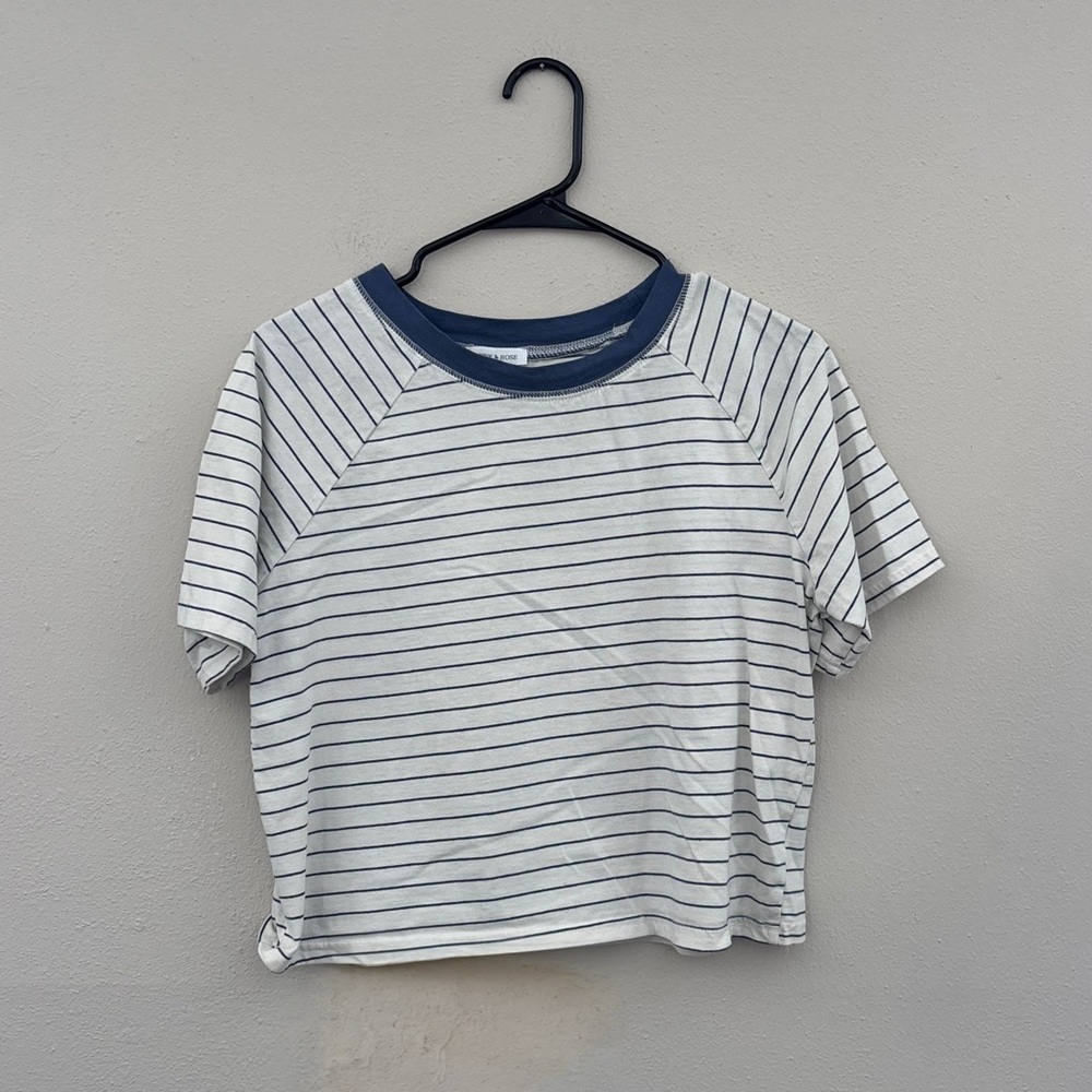 Pink Rose Blue and White Striped T-Shirt